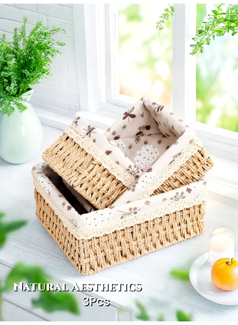 3-Piece Handwoven Natural Linen Storage Baskets  Set , Laundry Basket , Straw Rattan Basket,Washable Liner, Farmhouse Style Organizer for Cosmetics, Snacks, Toys, Books & Clothes,  for Tabletop, Cabinet , Ramadan Home Decoration,Beige - Image 1